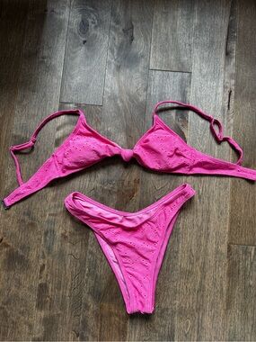 SHEIN Hot Pink Eyelet Triangle Bikini Set